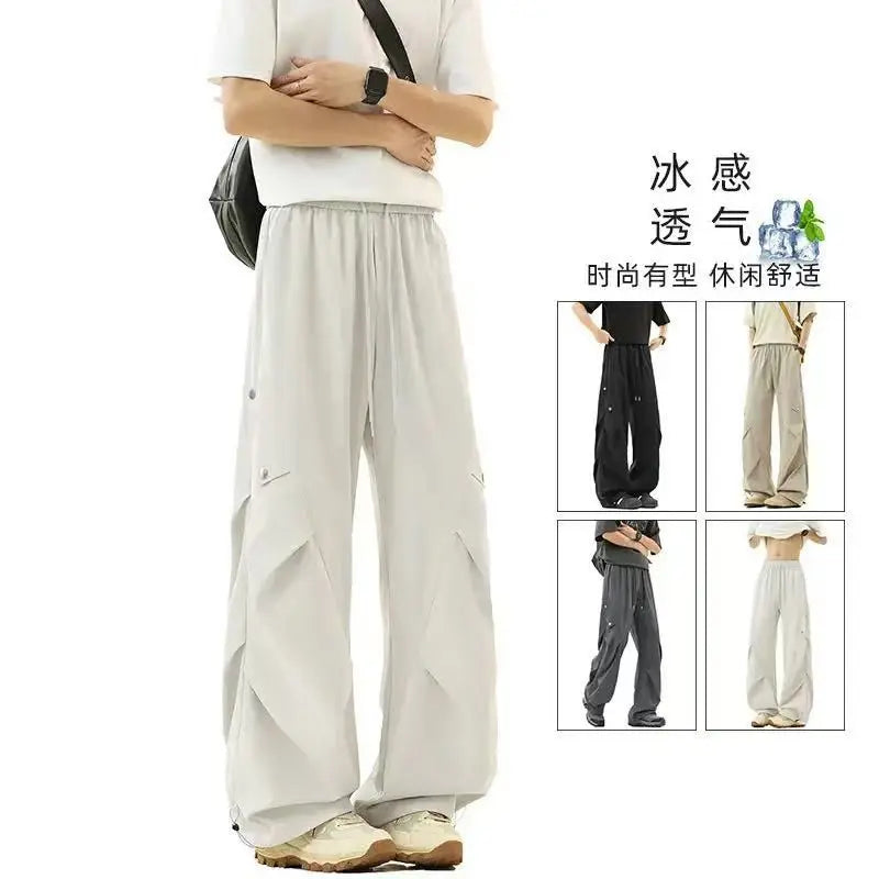 Casual Quick-dry Pants for Men American-style Workwear with Pleats New Summer Thin and Trendy Loose Straight-leg Pants
