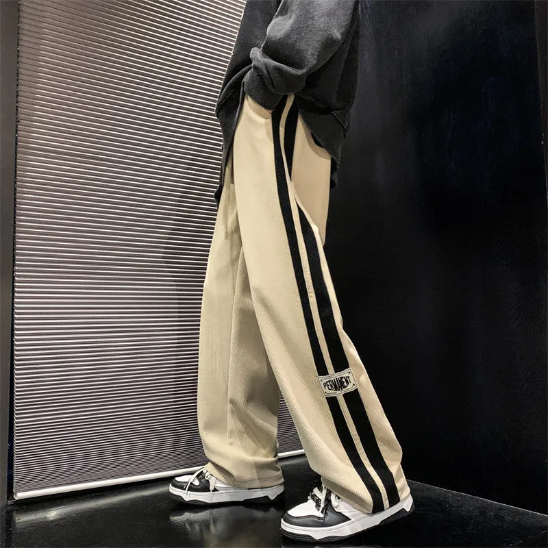 Side Striped Corduroy Wide-Leg Pant Men 2023 Korean Fashion Hip Hop Cargo Pant Loose Casual Straight Sports Outdoor Running Pant