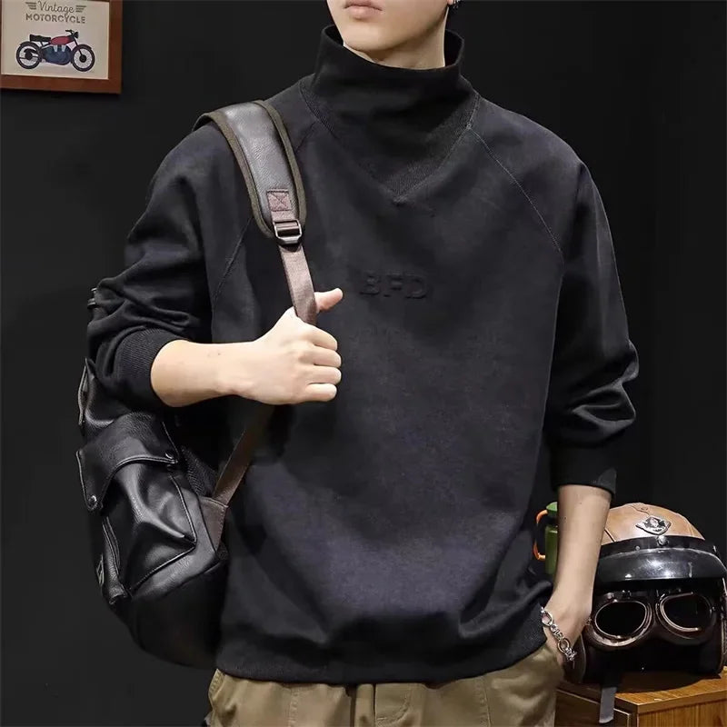 Autumn Suede Turtleneck Long Sleeve Sweatshirts Men Letter Foam Print Patchwork Crewneck Pullover Hoodie Y2K Streetwear Clothes
