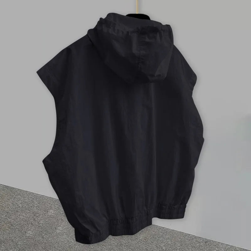 Oversized American Vintage Hooded Vest Men Sleeveless Zipper Hoodie Spring Summer Silhouette Design Denim Shoulder Pads Tank Top