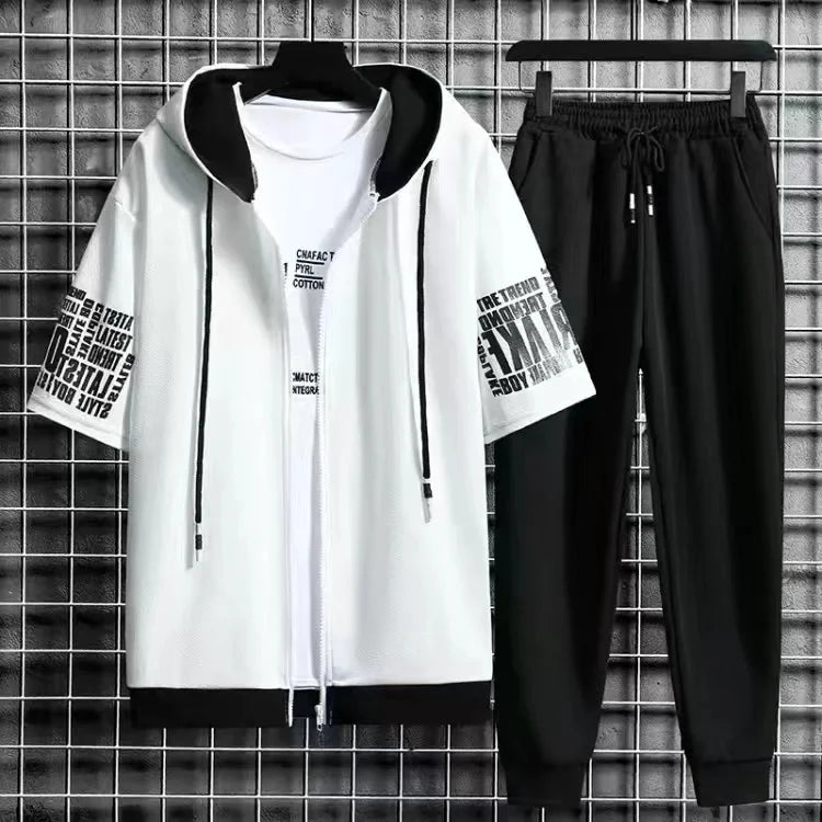 Men Sets 2 Pieces Tracksuit Summer Short Sleeve Hooded Tops +Shorts Streetwear Loose Mens Suit Casual Zipper Hip Hop Sportswear