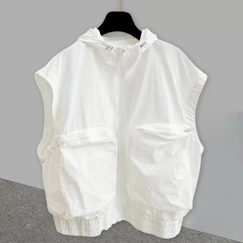 Oversized American Vintage Hooded Vest Men Sleeveless Zipper Hoodie Spring Summer Silhouette Design Denim Shoulder Pads Tank Top