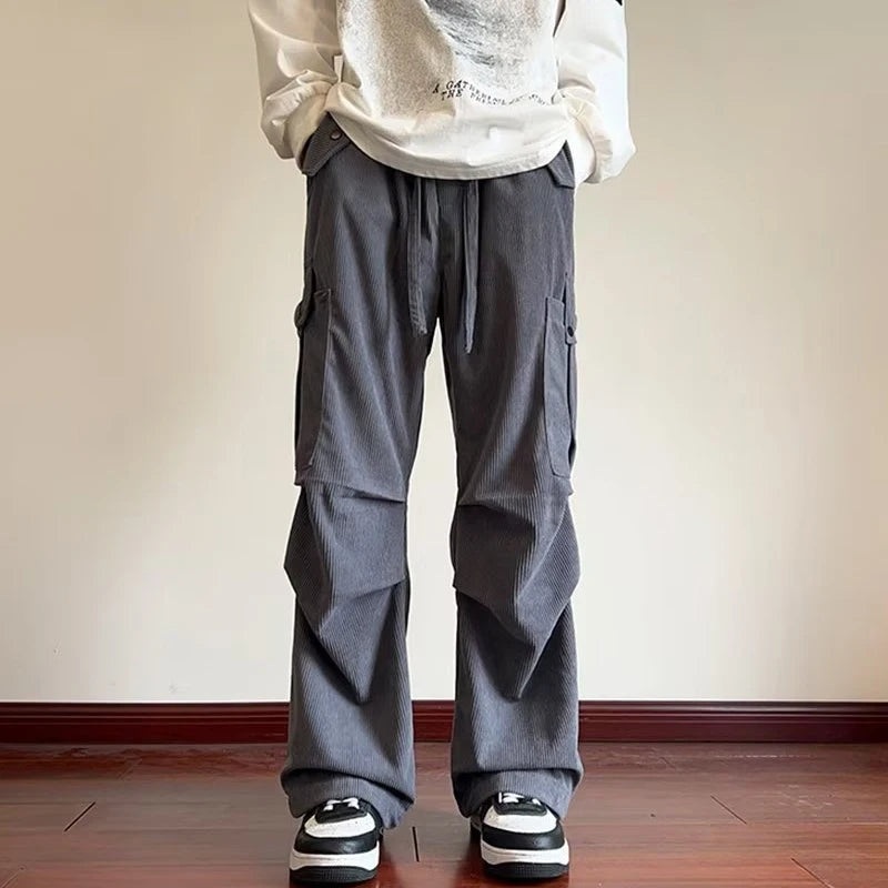 2024 New Corduroy Cargo Pants Men Y2K Vintage Baggy Wide-leg Trousers Straight Casual High Street Army Green Pantalones Hombre