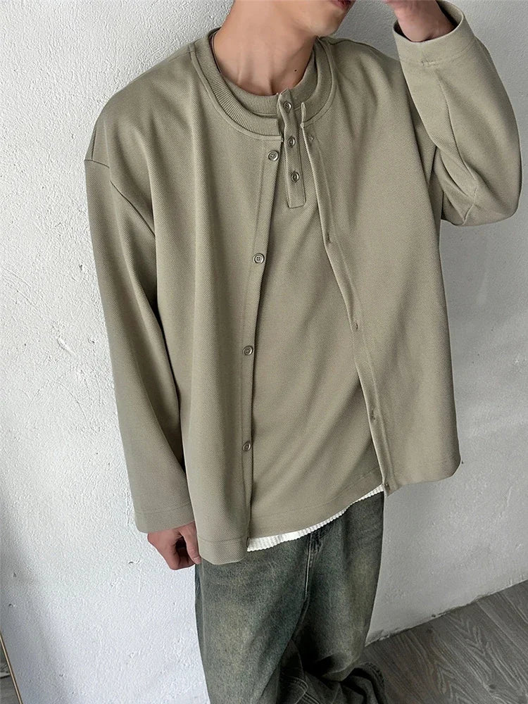 2025 New Casual Fake Two-piece Sweatshirts For Men Solid Color Henley Neck Button Jackets Korean Fashion Loose Y2K Sudaderas