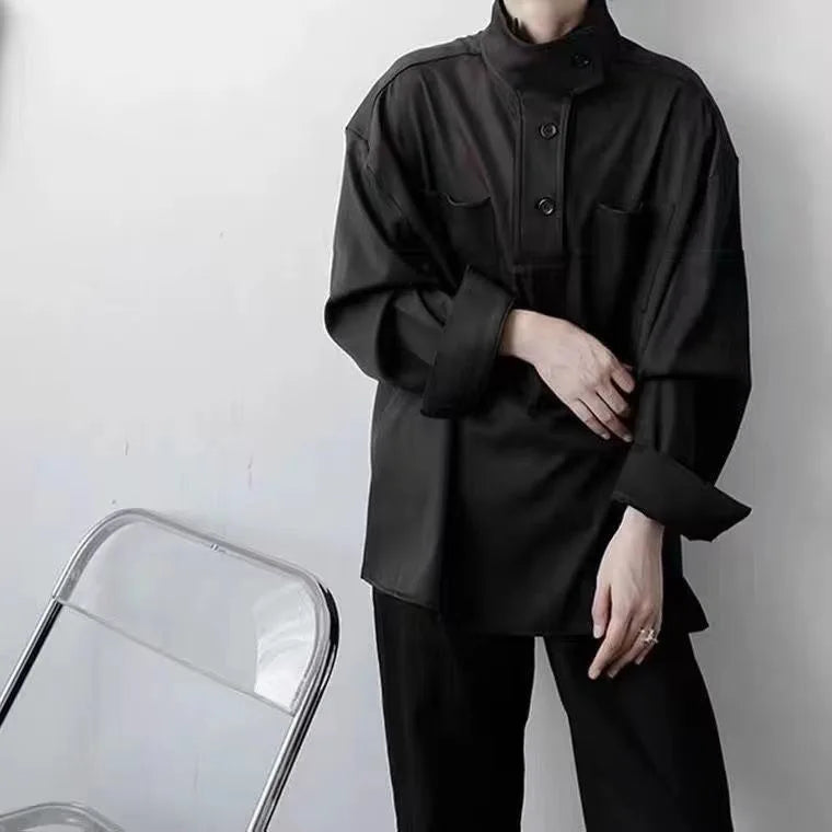 Casual Mid-Neck Shirt Men's Stylish Hairdresser Trendy Brand Casual Stand Collar Inner Wear Spring Trend Neutral Minimalist Styl