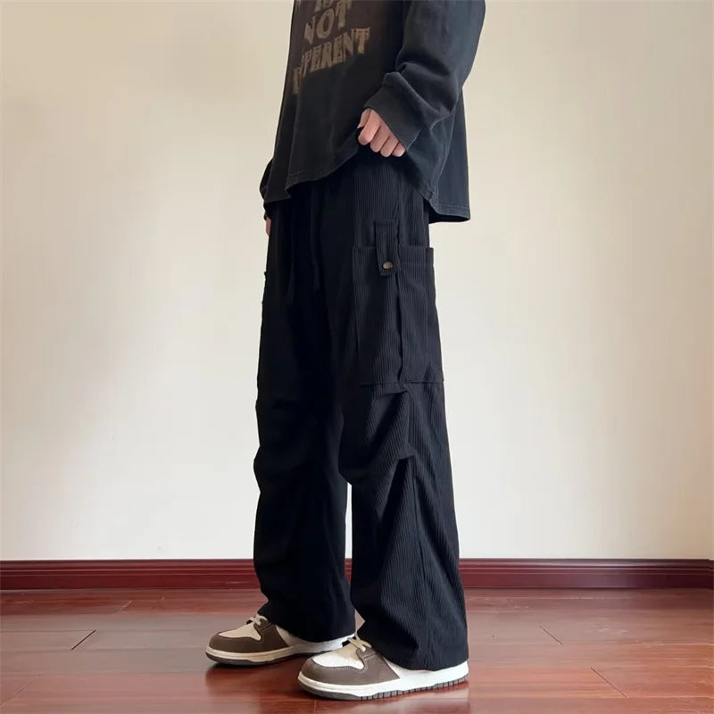 2024 New Corduroy Cargo Pants Men Y2K Vintage Baggy Wide-leg Trousers Straight Casual High Street Army Green Pantalones Hombre