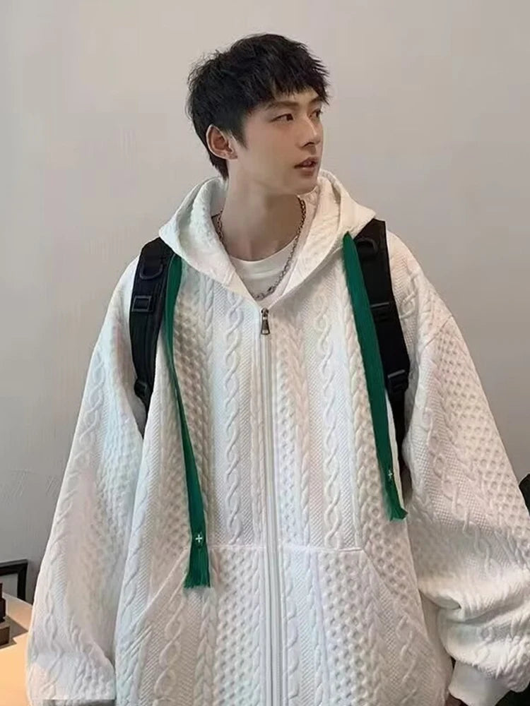 Korean Fashion Waffle Zipper Hooded Sweatshirt Men's Autumn Casual Oversized Y2K Hoodies 2026 New High Street Vintage Jacket