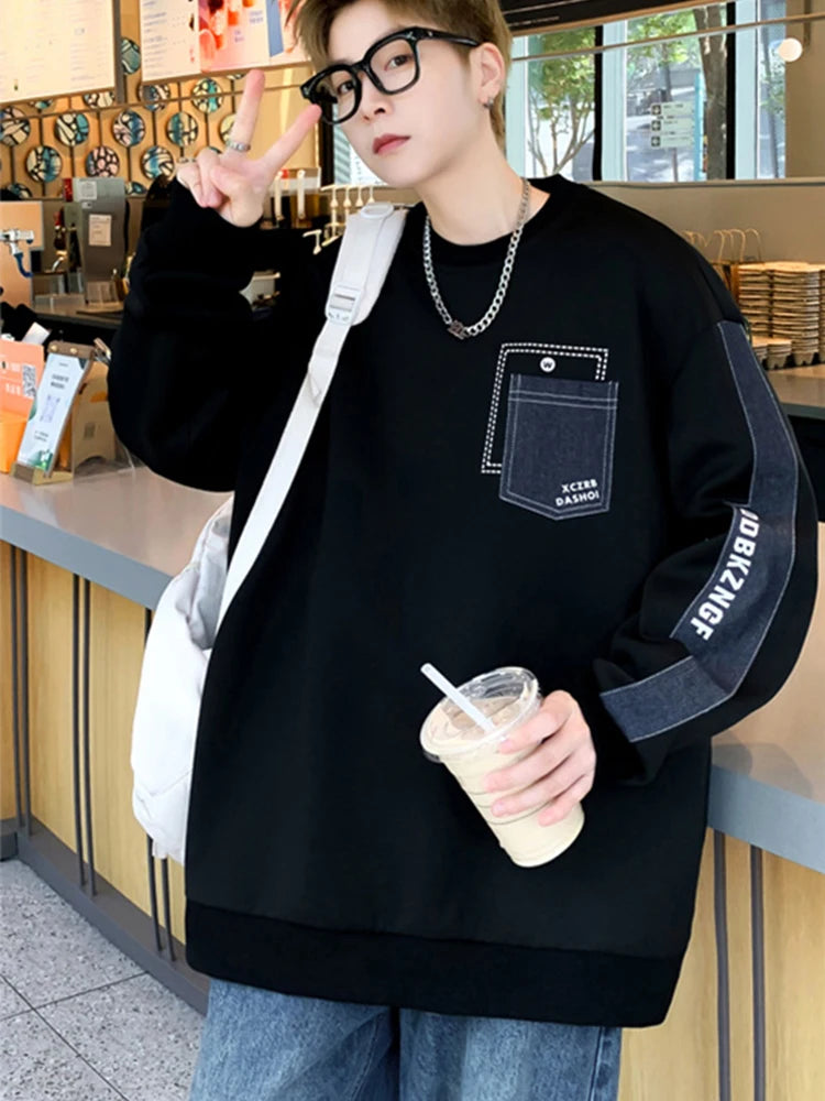 2025 New Patchwork Pockets Sweatshirts For Man Letter Printed Crewneck Pullover Hoodies Autumn Y2K Streetwear Sudaderas Hombre