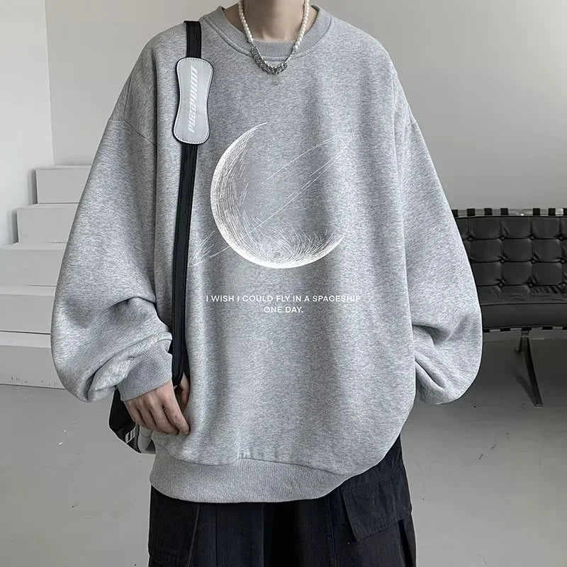 Spring Gothic Moon Printed Long Sleeve Sweatshirts Men's Hip Hop Fashion Graphic Pullover Hoodies Y2K Streetwear Sudaderas