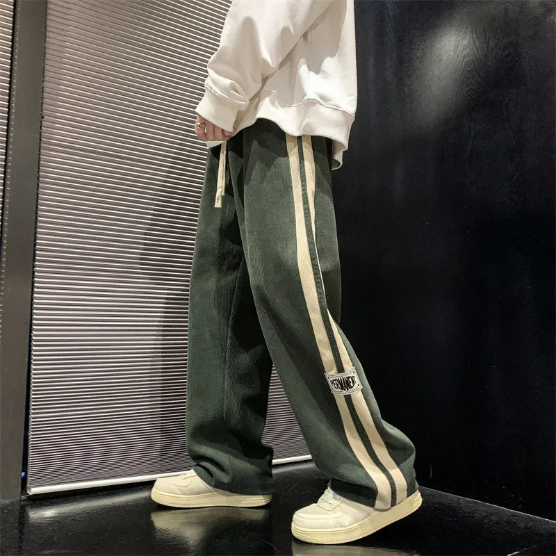 Side Striped Corduroy Wide-Leg Pant Men 2023 Korean Fashion Hip Hop Cargo Pant Loose Casual Straight Sports Outdoor Running Pant