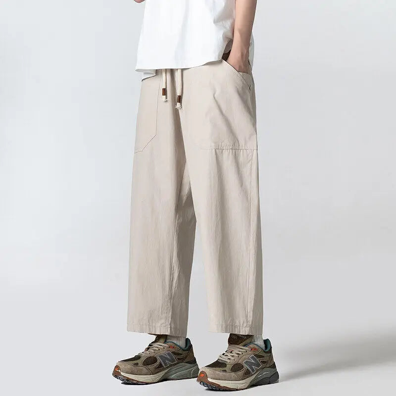 Summer Cotton Casual Pants Men Oversized Wide Leg Pants Men Japanese Streetwear Hip-hop Loose Straight Pants Men Trousers M-3XL