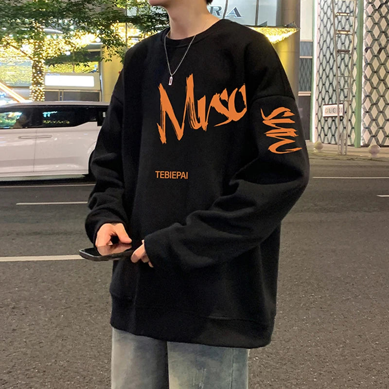 2026 Autumn Letter Printed Sweatshirts Men's Korean Fashion Loose Crewneck Pullover Hoodies Hip Hop Y2K Streetwear Sudadera