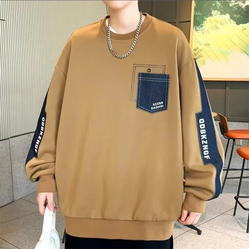 2025 New Patchwork Pockets Sweatshirts For Man Letter Printed Crewneck Pullover Hoodies Autumn Y2K Streetwear Sudaderas Hombre