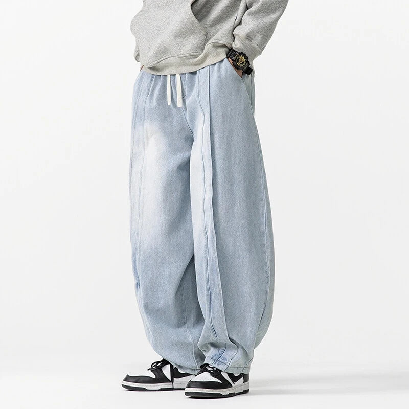 New Loose Style Men Jeans Pants Vintage Harem Denim Wide Leg Pants Mens Straight Oversized Fashion Jeans Elastic Waist Trousers