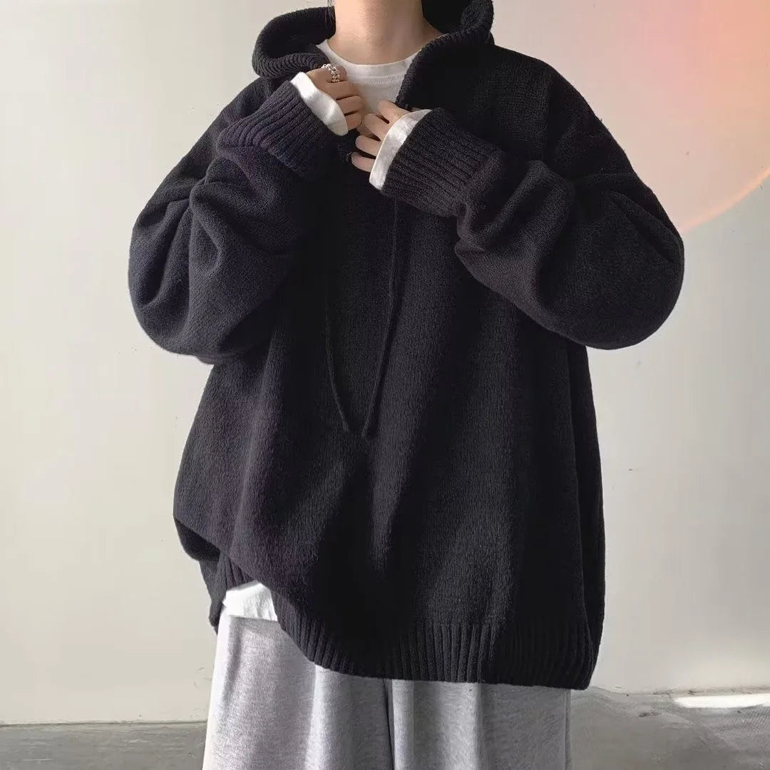 Men Sweater Streetwear Vintage Hooded Sweaters Oversized Pullovers Men Cozy Loose College Solid Knitted Tops Streetwear Hoodies