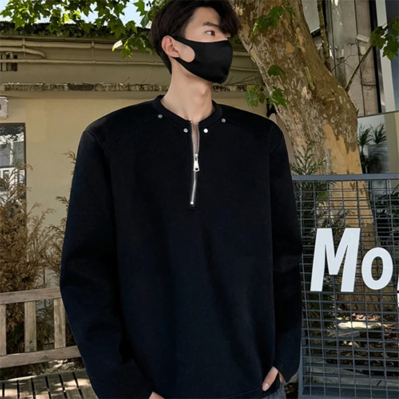 Autumn Casual Half-zip Long Sleeve Sweatshirts Men's Hip Hop Fashion Rivet Design Loose Tracksuit High Street Y2K O-Neck Hoodie