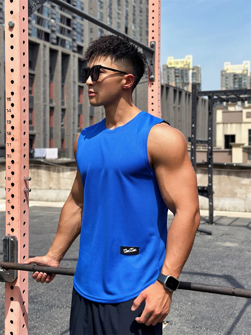 2023 Summer New Trend Men's Pullover Round Neck Mesh Bottom Sports Fitness running Top Sleeveless Tank Top Quick Drying