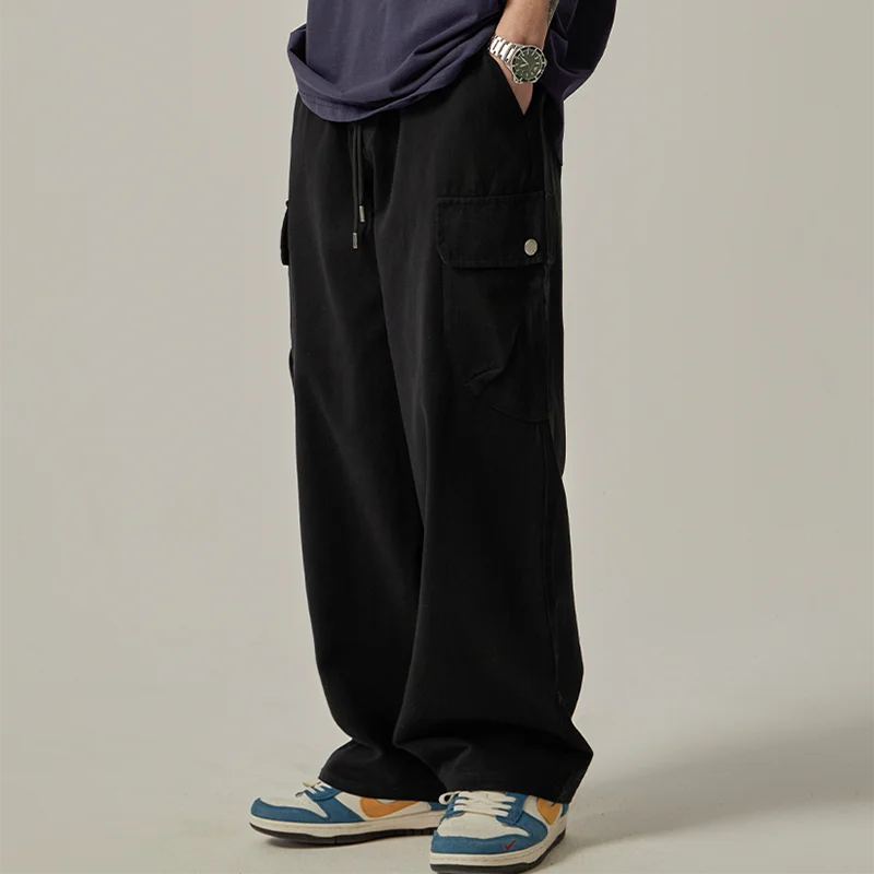 Big Side Pocket Men's Pants Spring Vintage Wide Leg Straight Button Multiple Pockets Work Cargo Pants Male Drawstring Trousers