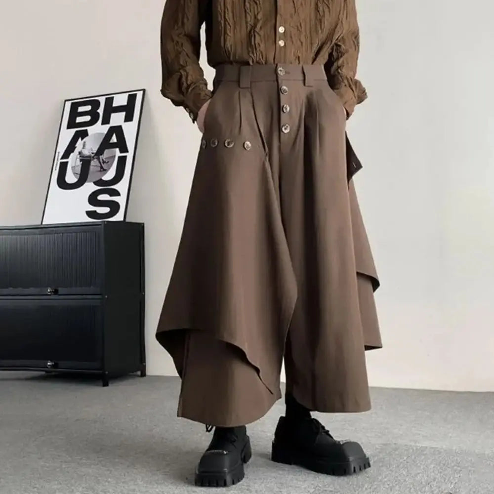 Y2k Double-Layer Irregular Casual Skirt Pants Genderless Japanese Streetwear Side Hem Design Versatile Samurai Skirt Unisex
