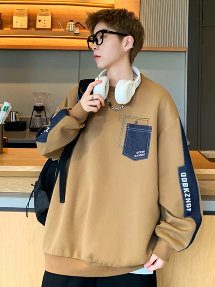 2025 New Patchwork Pockets Sweatshirts For Man Letter Printed Crewneck Pullover Hoodies Autumn Y2K Streetwear Sudaderas Hombre