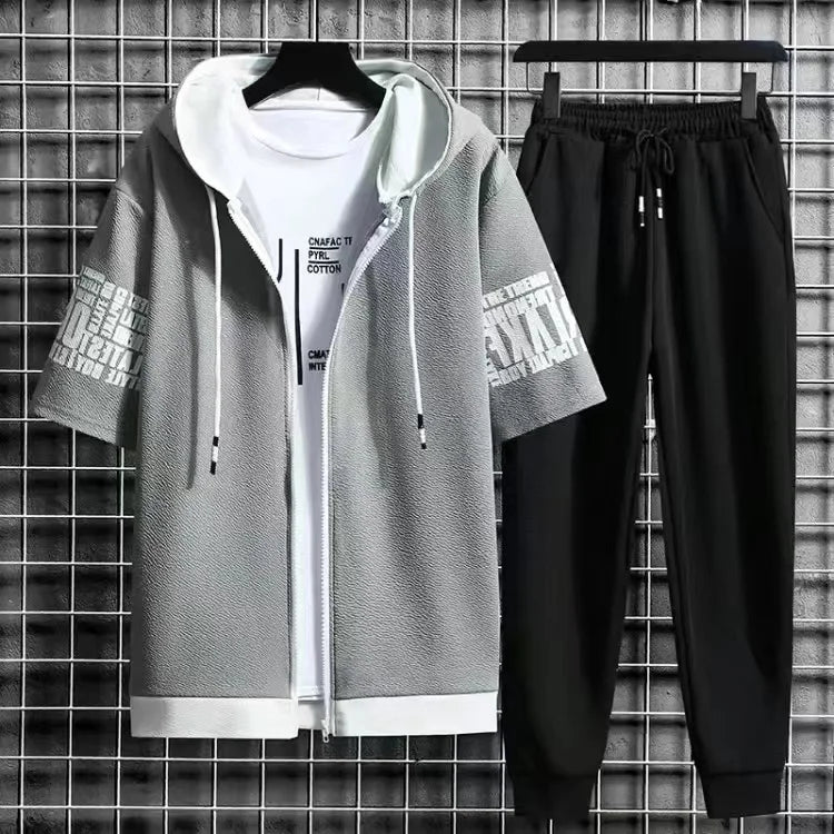 Men Sets 2 Pieces Tracksuit Summer Short Sleeve Hooded Tops +Shorts Streetwear Loose Mens Suit Casual Zipper Hip Hop Sportswear