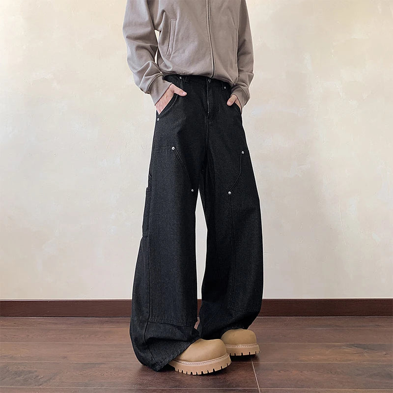 Y2k Black Baggy Cargo Jeans Trousers Men's Vintage Multi-Pocket Cargo Jeans Y2K Vintage Distressed Baggy Denim Pants Wide Leg