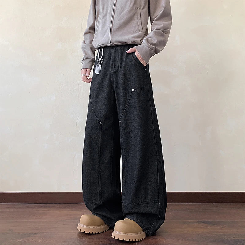 Y2k Black Baggy Cargo Jeans Trousers Men's Vintage Multi-Pocket Cargo Jeans Y2K Vintage Distressed Baggy Denim Pants Wide Leg