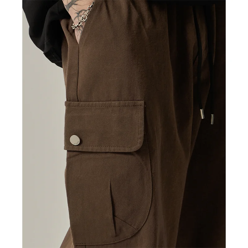 Big Side Pocket Men's Pants Spring Vintage Wide Leg Straight Button Multiple Pockets Work Cargo Pants Male Drawstring Trousers