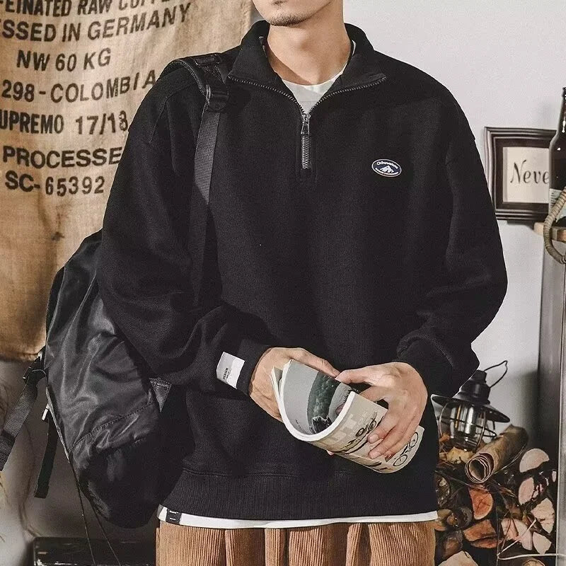 American Casual Long Sleeve Half Zipper Sweatshirts For Men High Street Appliques Henley Neck Tracksuit Y2K Streetwear Sudaderas