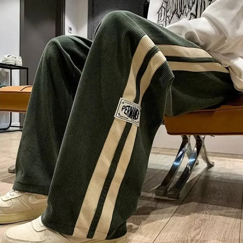 Side Striped Corduroy Wide-Leg Pant Men 2023 Korean Fashion Hip Hop Cargo Pant Loose Casual Straight Sports Outdoor Running Pant