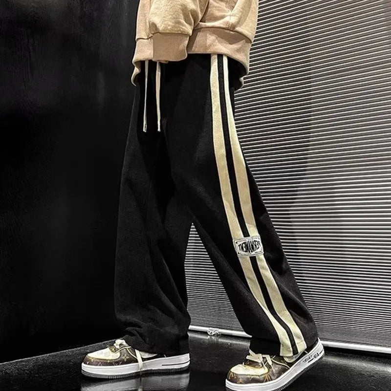 Side Striped Corduroy Wide-Leg Pant Men 2023 Korean Fashion Hip Hop Cargo Pant Loose Casual Straight Sports Outdoor Running Pant