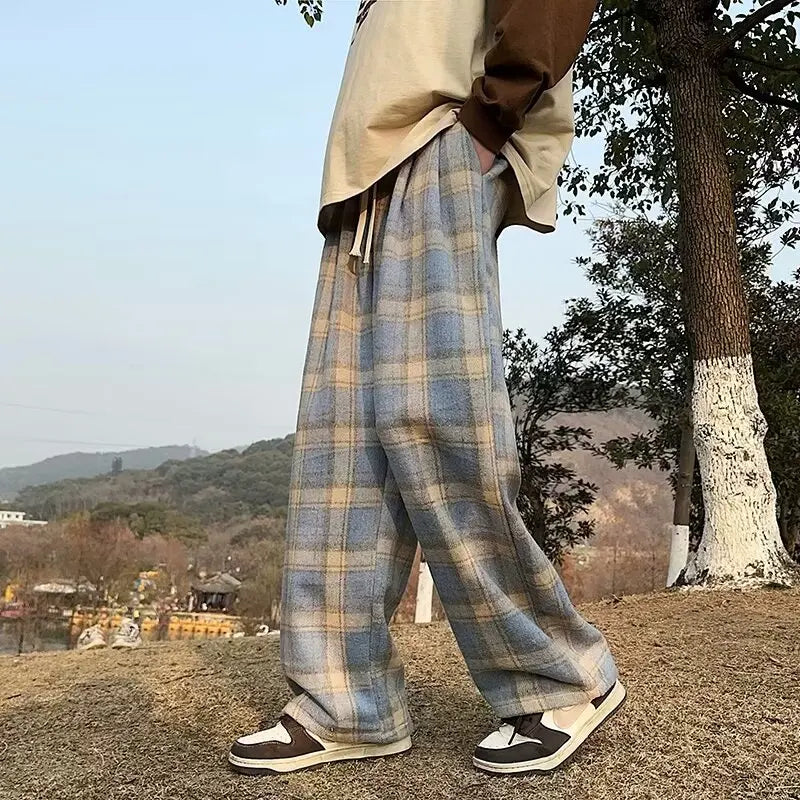 Vintage American Style Tweed Plaid Men's Pants Loose Straight Wide Leg Casual Trousers Trendy Brand Punk Rock Streetwear