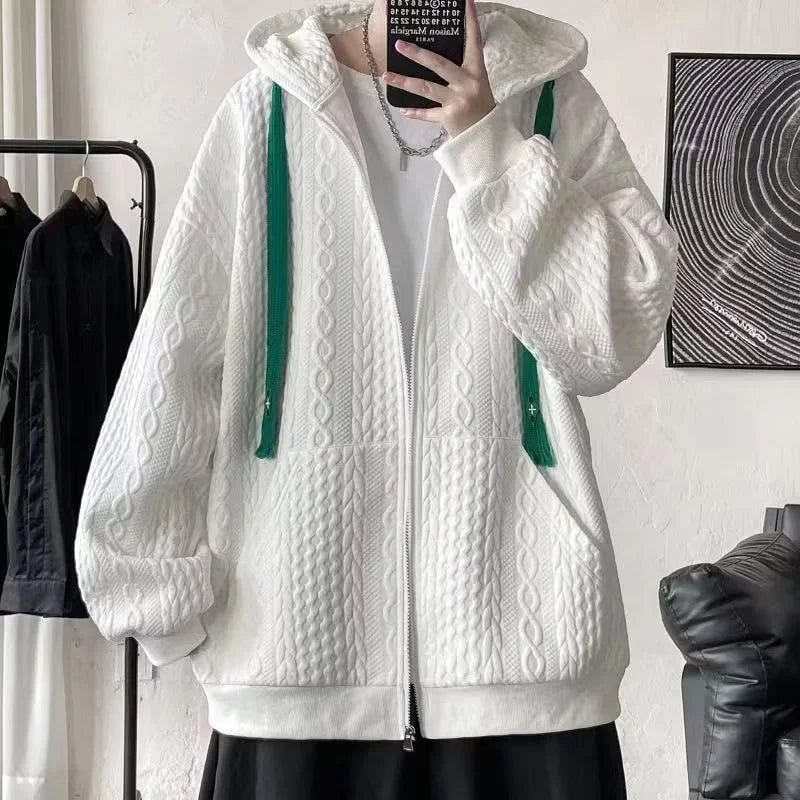Korean Fashion Waffle Zipper Hooded Sweatshirt Men's Autumn Casual Oversized Y2K Hoodies 2026 New High Street Vintage Jacket