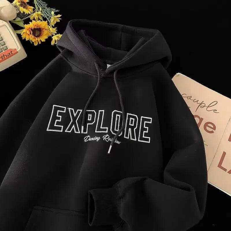 New EXPLORE Letter Printed Hooded Sweatshirts Men's Cotton Fleece Oversized Pullover Hoodies Y2K Streetwear Hoody Clothes