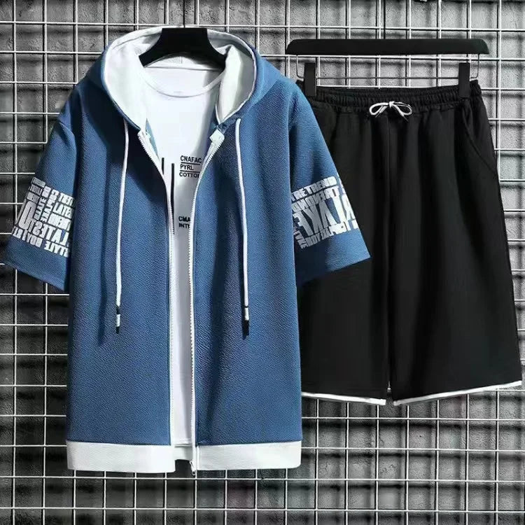 Men Sets 2 Pieces Tracksuit Summer Short Sleeve Hooded Tops +Shorts Streetwear Loose Mens Suit Casual Zipper Hip Hop Sportswear