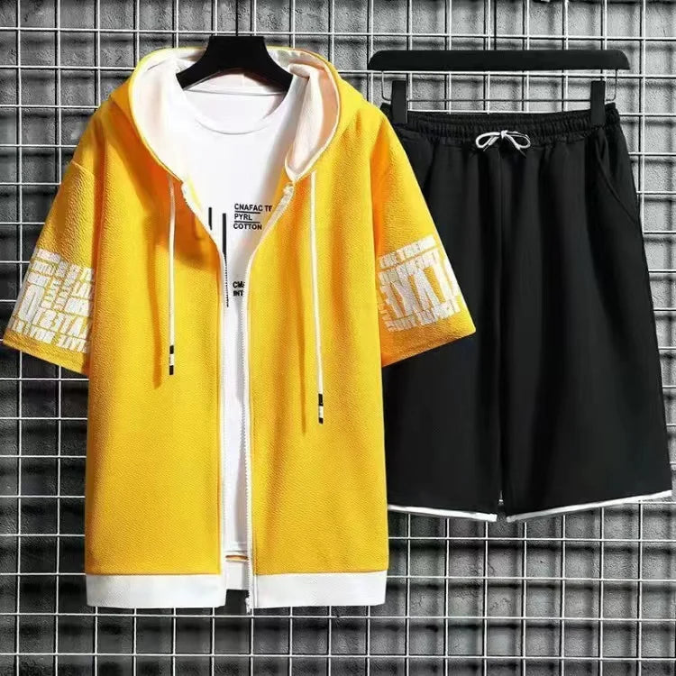 Men Sets 2 Pieces Tracksuit Summer Short Sleeve Hooded Tops +Shorts Streetwear Loose Mens Suit Casual Zipper Hip Hop Sportswear