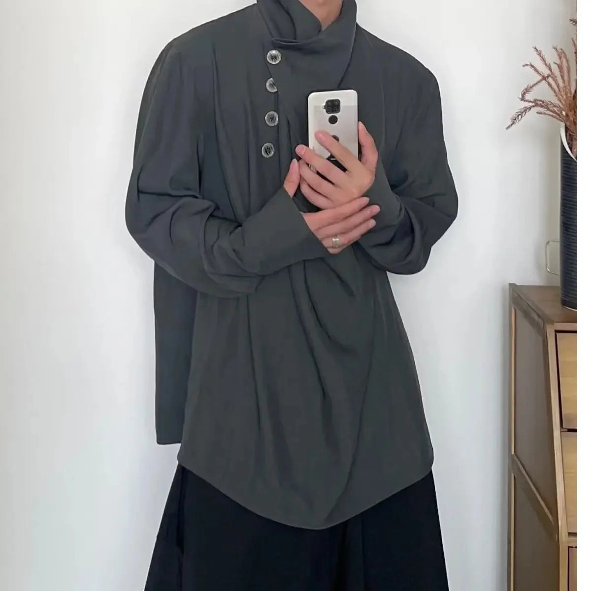 Casual Loose Fit Men's Shirt Stand Collar Asymmetrical Design Vintage Feel Comfortable Summer Casual Shirt Male Model
