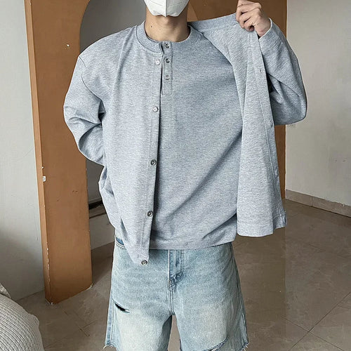 2025 New Casual Fake Two-piece Sweatshirts For Men Solid Color Henley Neck Button Jackets Korean Fashion Loose Y2K Sudaderas
