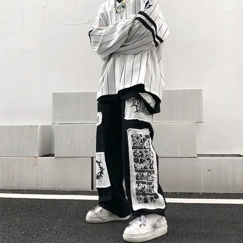 2024 Y2K Wide Leg Pants Black Cargo Trousers Male Hip Hop White Casual Harajuku Gothic Japanese Streetwear Patchwork 5XL