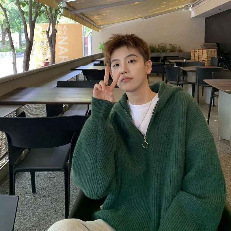 Men's Half-zip Hooded Sweater Winter Loose-fit Trendy Knitted Top Solid Color Simple Casual Line Cloth Pullovers