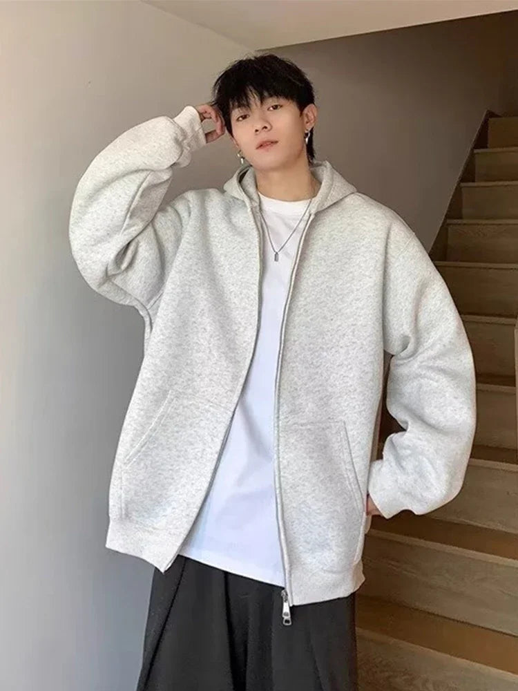 Winter Men's Fleece Zipper Hooded Sweatshirts 2025 New Classic Solid Color Oversized Hoodies Y2K Streetwear Outerwear Tracksuit
