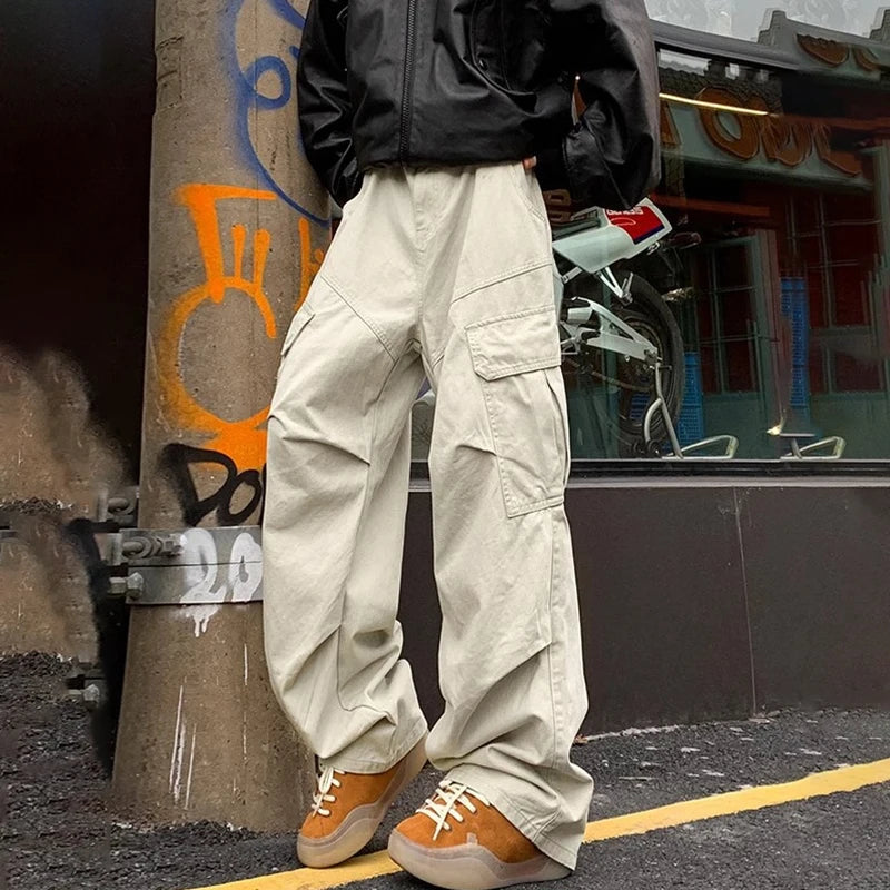 Spring Autumn Big Pocket Men's Cargo Pants Loose Straight Wide Leg Trousers Baggy Outdoor Workwear Pants Man Hip Hop Sweatpants