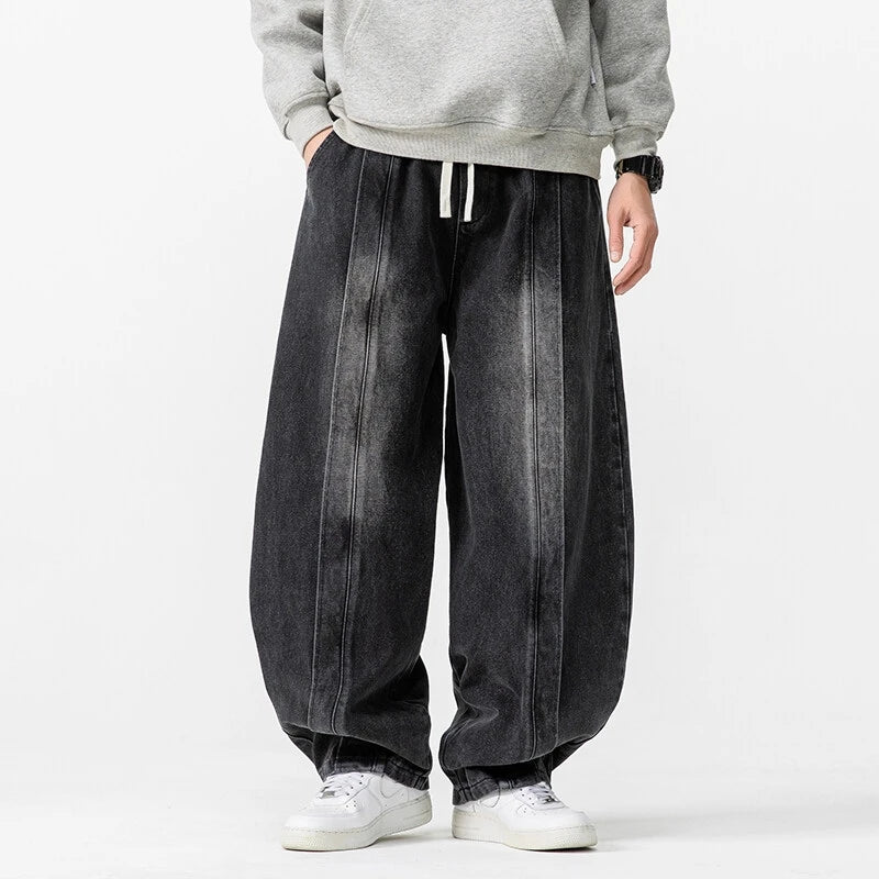 New Loose Style Men Jeans Pants Vintage Harem Denim Wide Leg Pants Mens Straight Oversized Fashion Jeans Elastic Waist Trousers