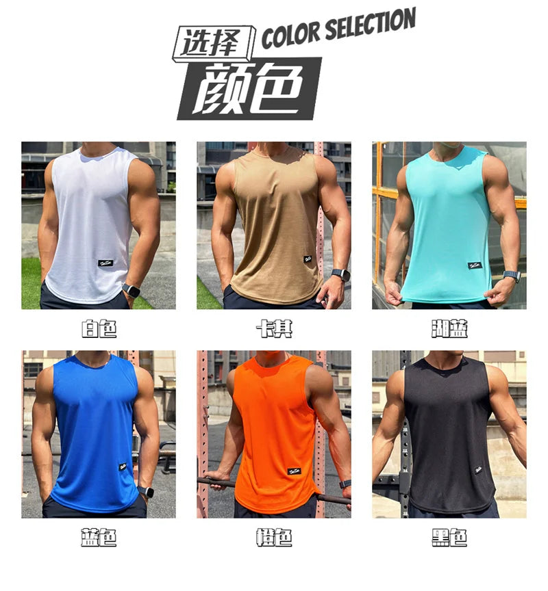 2023 Summer New Trend Men's Pullover Round Neck Mesh Bottom Sports Fitness running Top Sleeveless Tank Top Quick Drying