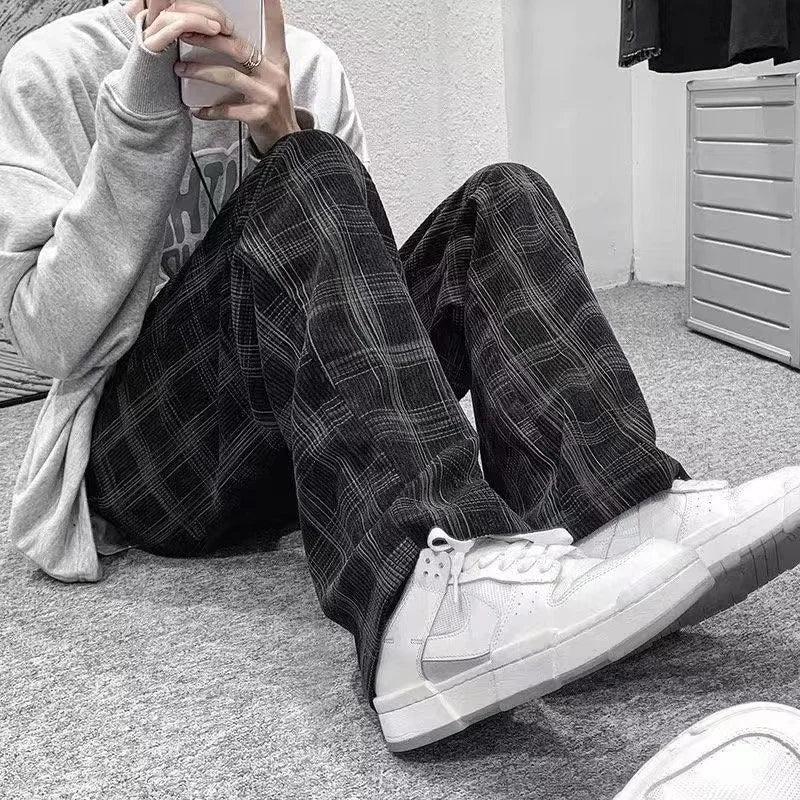 2024 Autumn Corduroy Pants Men Casual Plaid Straight Pant Male Hip Hop Male Loose Trousers for Man