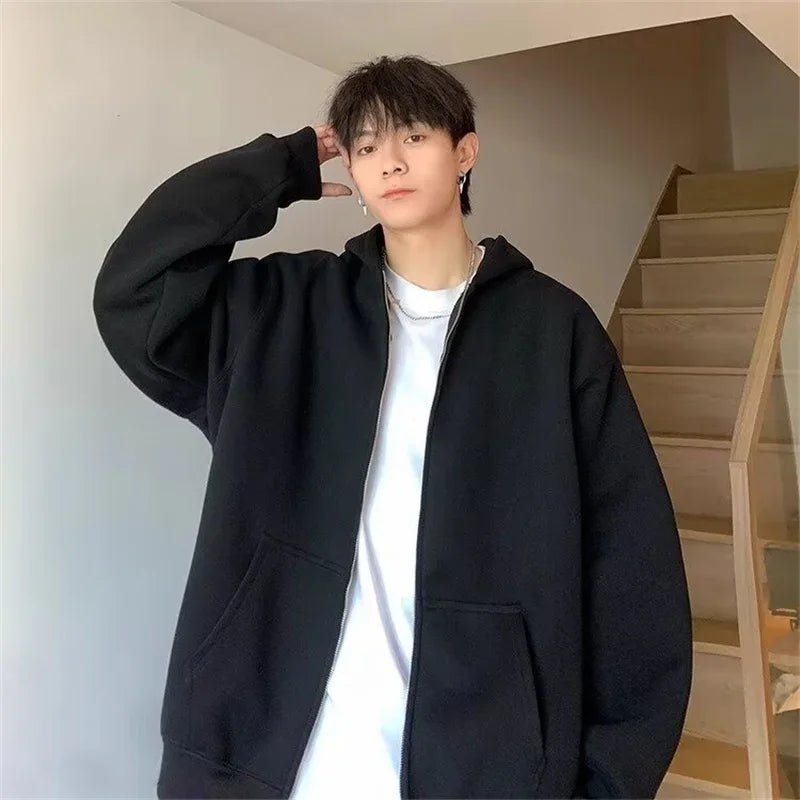 Winter Men's Fleece Zipper Hooded Sweatshirts 2025 New Classic Solid Color Oversized Hoodies Y2K Streetwear Outerwear Tracksuit