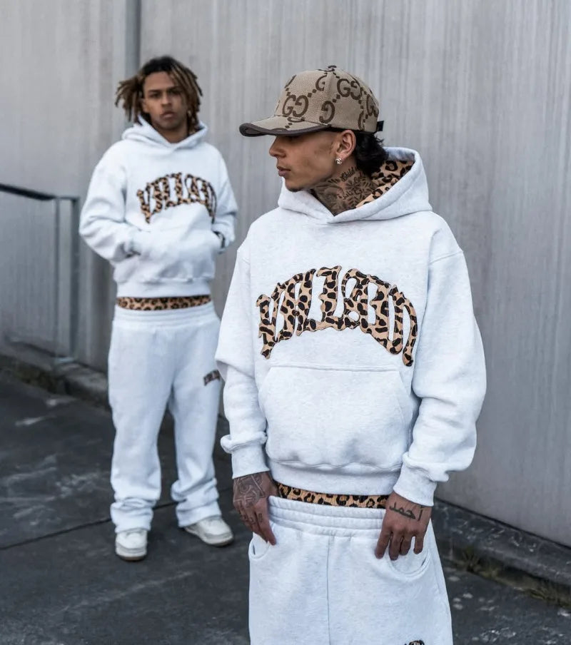 American hip-hop leopard print letter embroidery men hoodie retro Harajuku street sports suit fashionable casual sweatshirts