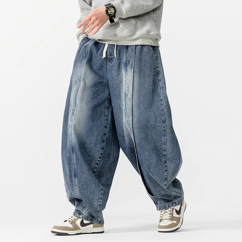 New Loose Style Men Jeans Pants Vintage Harem Denim Wide Leg Pants Mens Straight Oversized Fashion Jeans Elastic Waist Trousers