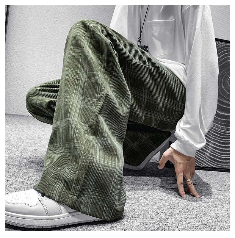 2024 Autumn Corduroy Pants Men Casual Plaid Straight Pant Male Hip Hop Male Loose Trousers for Man
