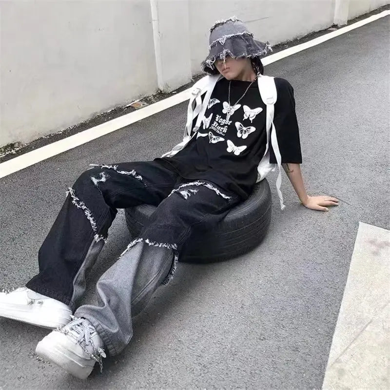 Mens Jeans Pants With Hole Casual Vintage Straight Leg Korean Fashion Streetwear Harajuku Trousers